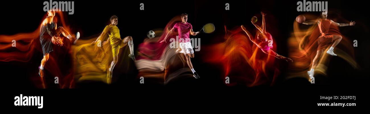 Sportsmen playing basketball, tennis, soccer football, gymnastics on black background in mixed light. Stock Photo