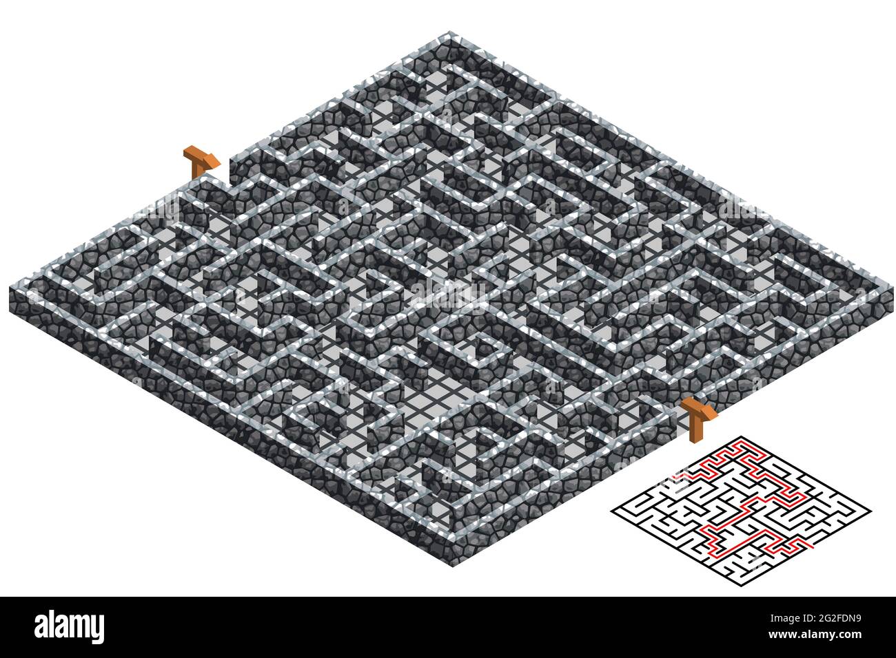 3D maze, isometric labyrinth with stone walls. Game level design for puzzle or dungeon escape game. Grey stone texture . Vector illustration Stock Vector