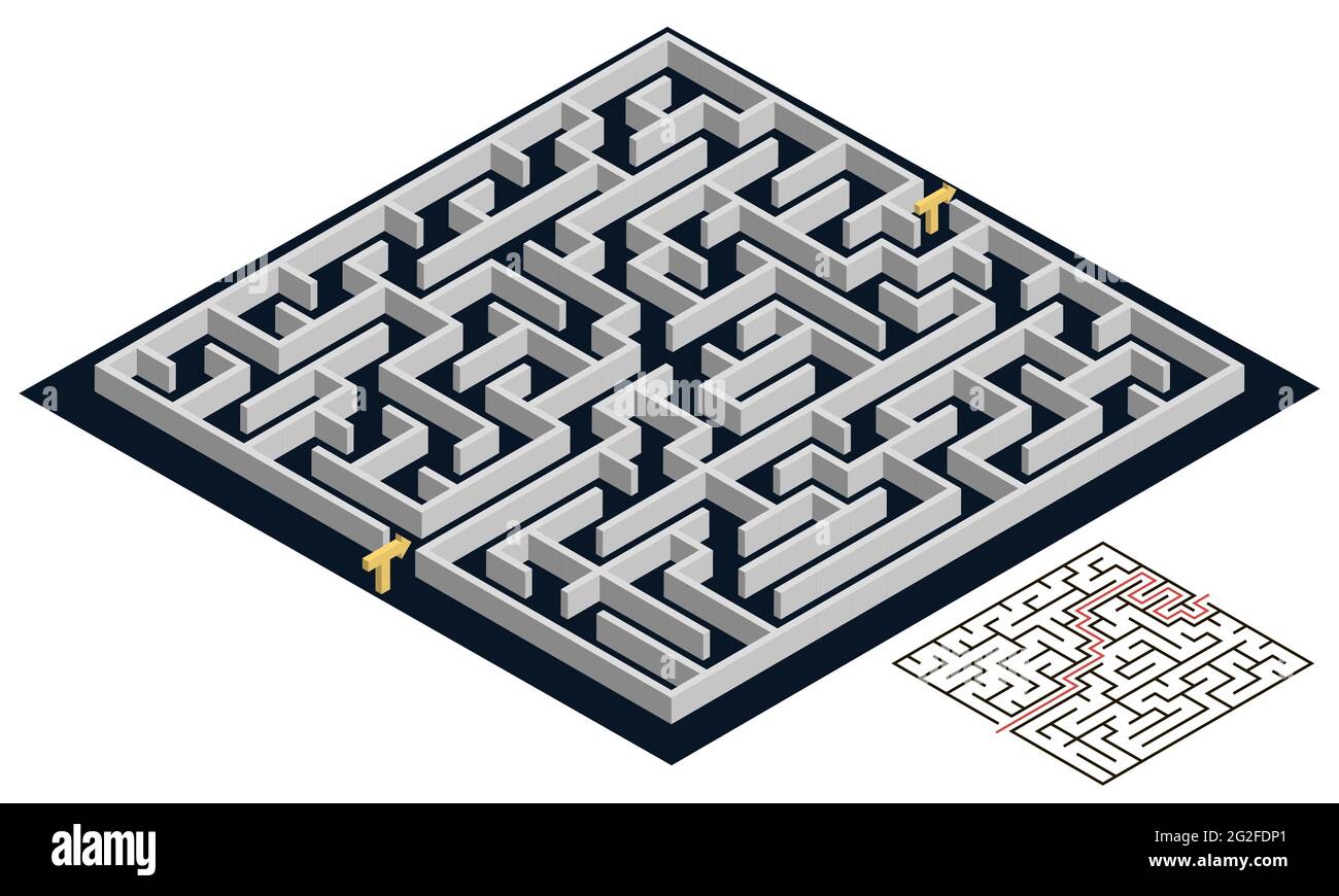 3d Maze, isometric view. Labyrinth puzzle or escape game design with solution. Vector illustration Stock Vector
