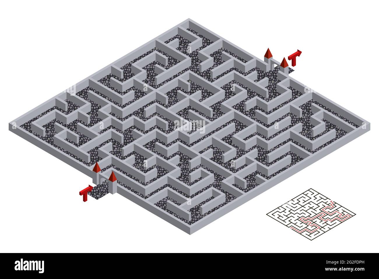 3d Maze, isometric labyrinth. Medieval town walls and streets design for escape or puzzle game level map. Isometric view with solution. Vector illustr Stock Vector