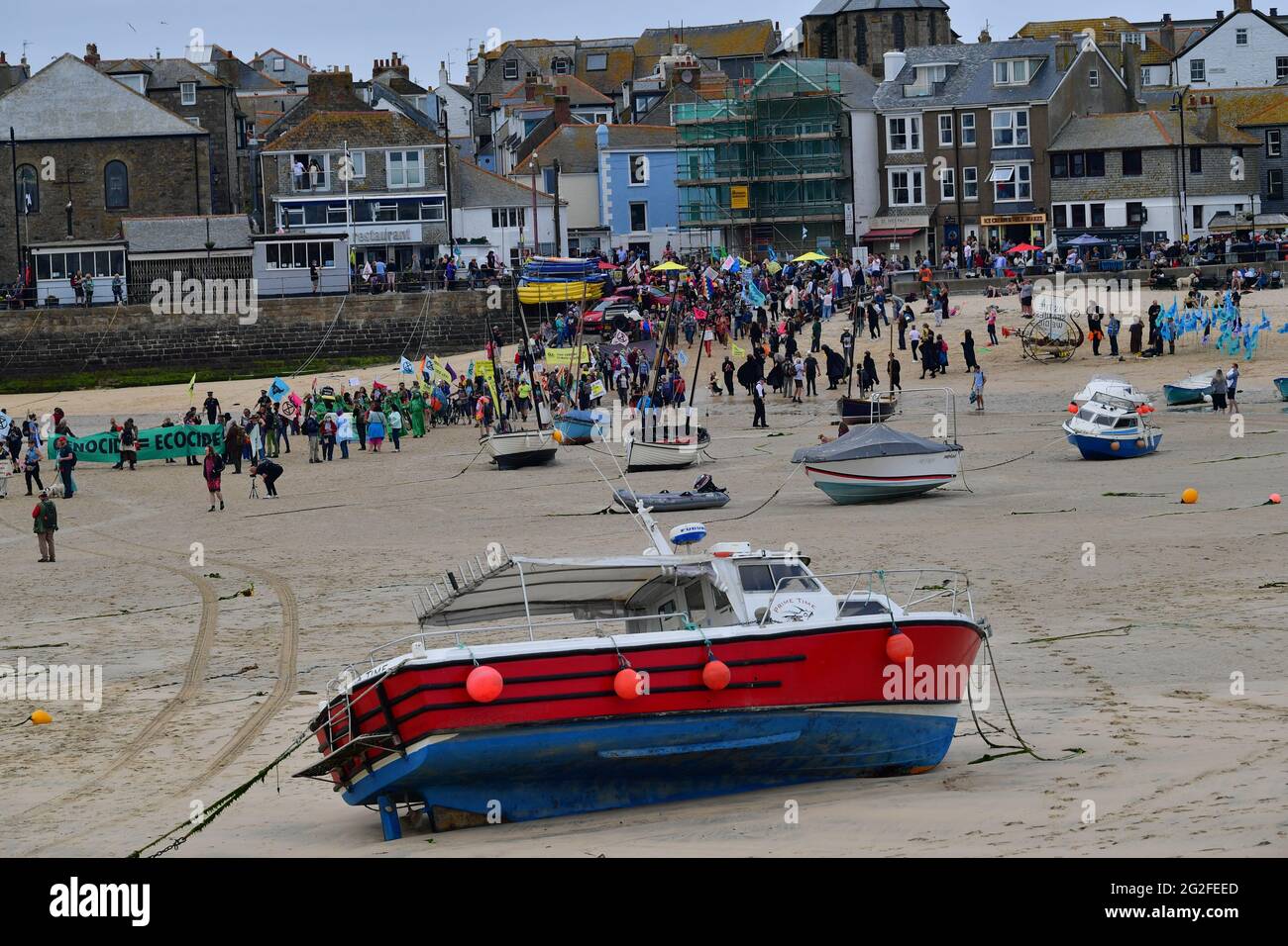 Protesters at an XR Protest in St Ives, during the G7 summit in Cornwall. Picture date: Friday June 11, 2021. Stock Photo