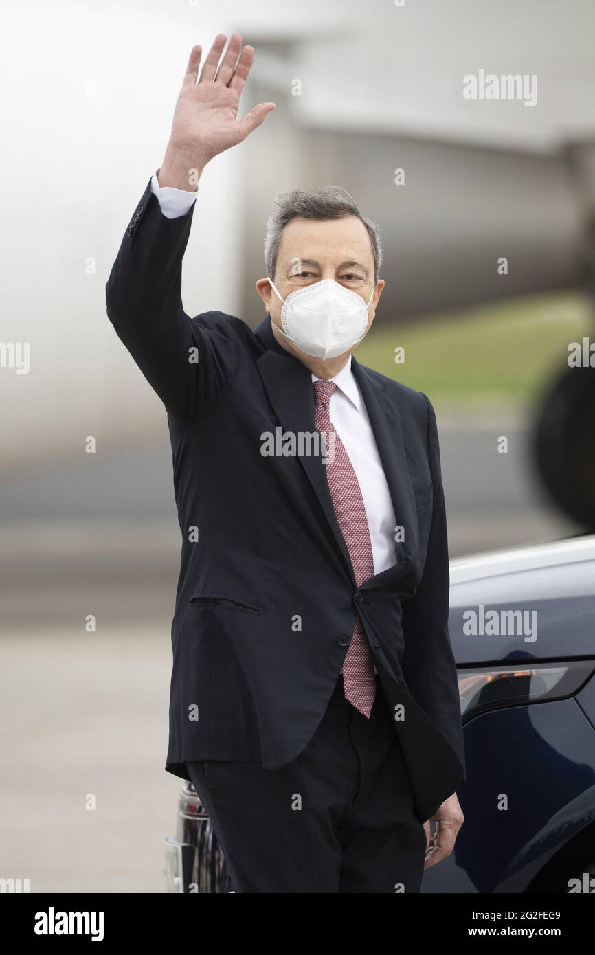 Newquay, UK. 11th June, 2021. Prime Minister of Italy Mario Draghi arrives at Cornwall Airport Newquay on June 11, 2021, ahead of the G7 summit in Cornwall, United Kingdom. Photo by Doug Peters/G7 Cornwall 2021/UPI Credit: UPI/Alamy Live News Stock Photo