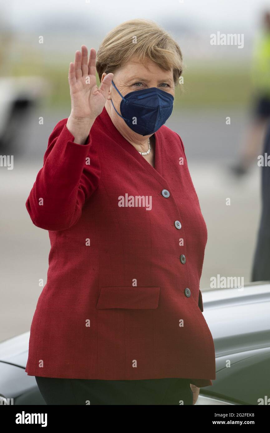 Newquay, UK. 11th June, 2021. Chancellor of Germany Angela Merkel arrives at Cornwall Airport Newquay on June 11, 2021, ahead of the G7 summit in Cornwall. Photo by Doug Peters/G7 Cornwall 2021/UPI Credit: UPI/Alamy Live News Stock Photo