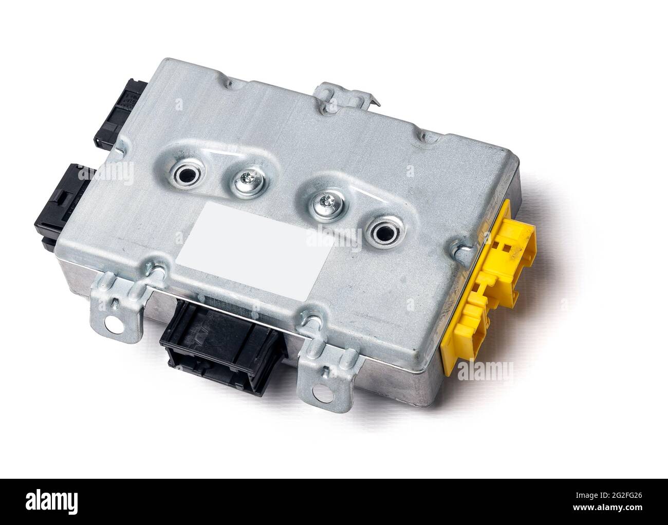 Metal car engine control unit with metal elements on a white isolated
