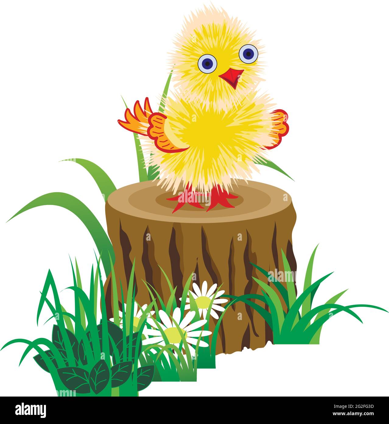 Funny yellow baby chick on a stub in grass. Vector illustration, isolated on white background Stock Vector