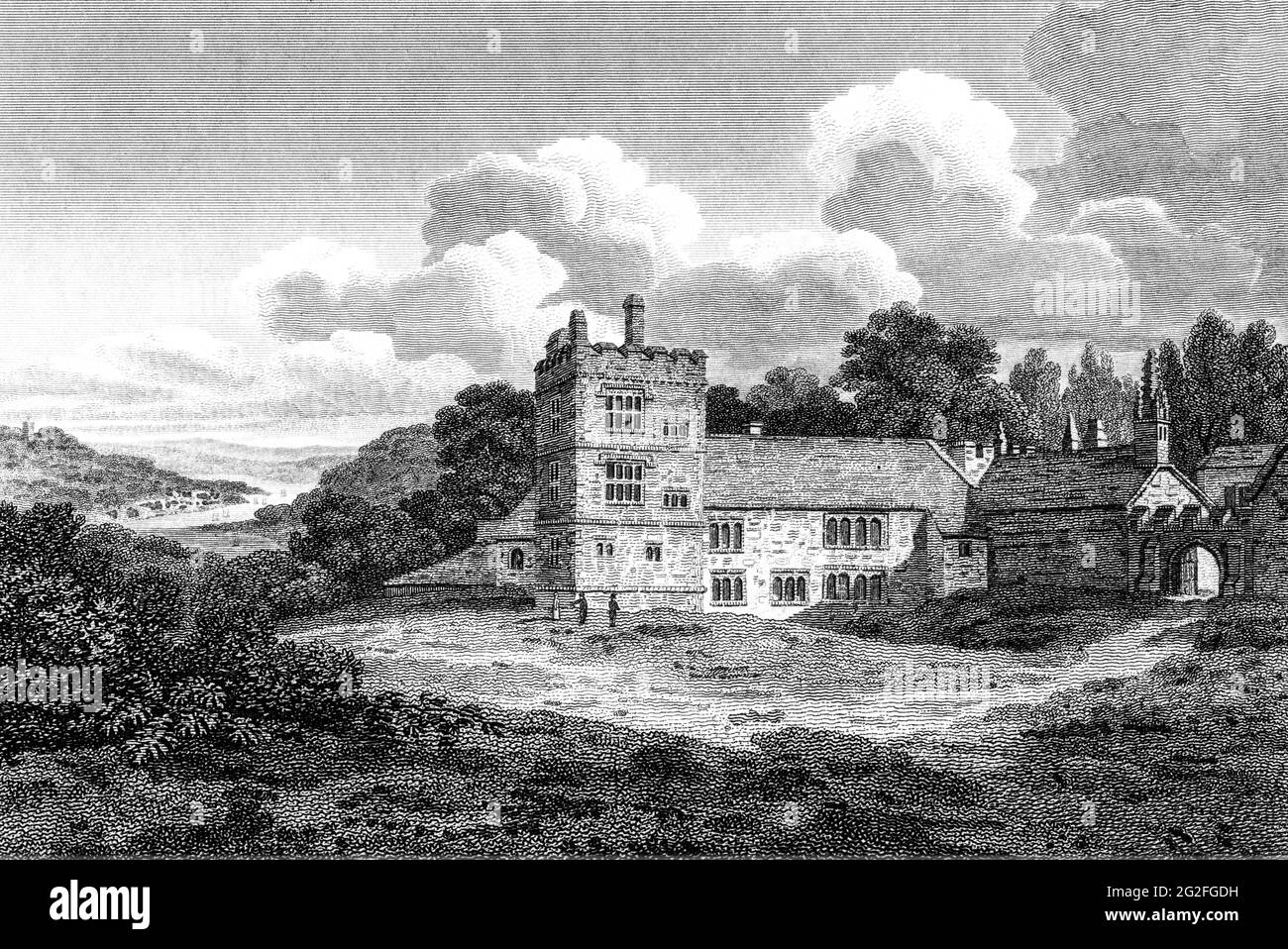 An engraving of Cotele (Cotehele) House, Cornwall scanned at high resolution from a book printed in 1812.  Believed copyright free. Stock Photo