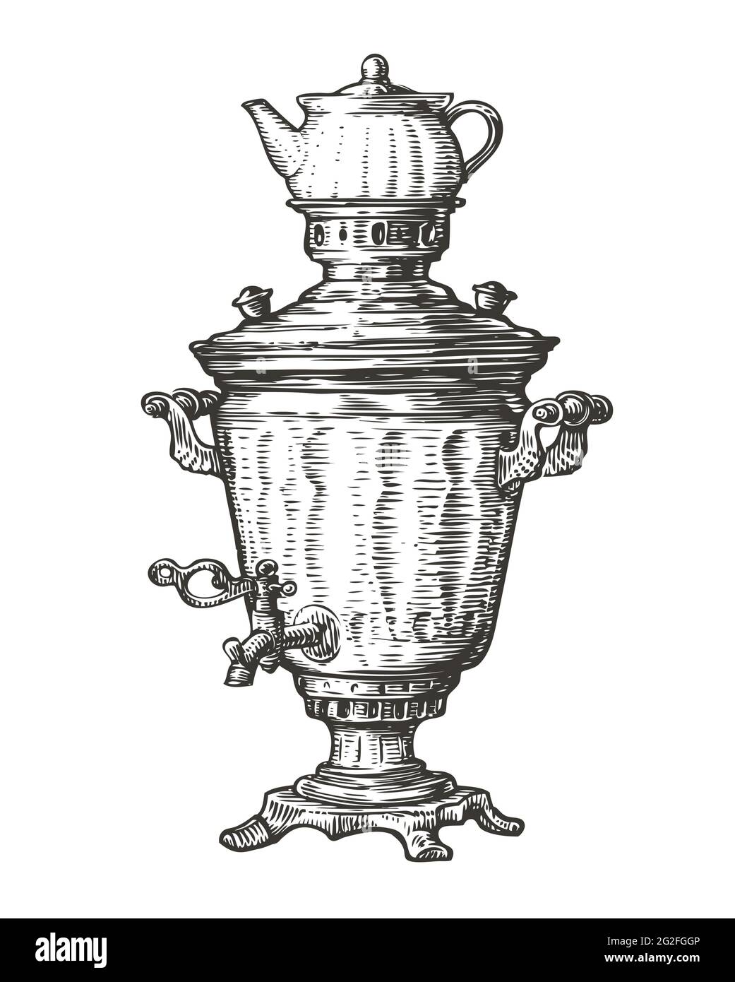 Samovar for boiling water. Russian traditional old fashioned style of tea drinking. Sketch vector illustration Stock Vector