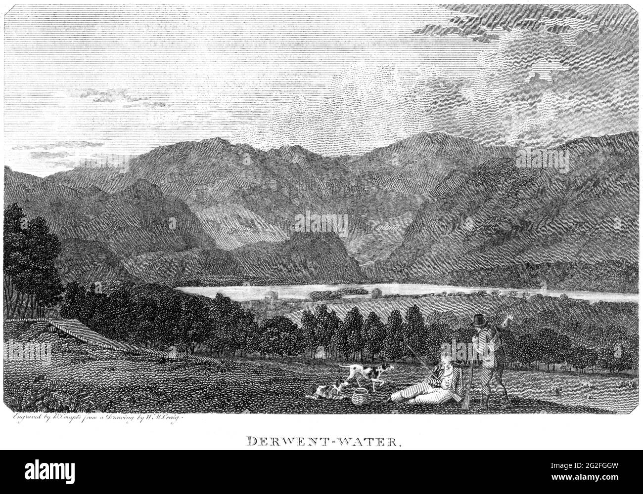 An engraving of Derwentwater, Cumberland scanned at high resolution from a book printed in 1812. Believed copyright free. Stock Photo