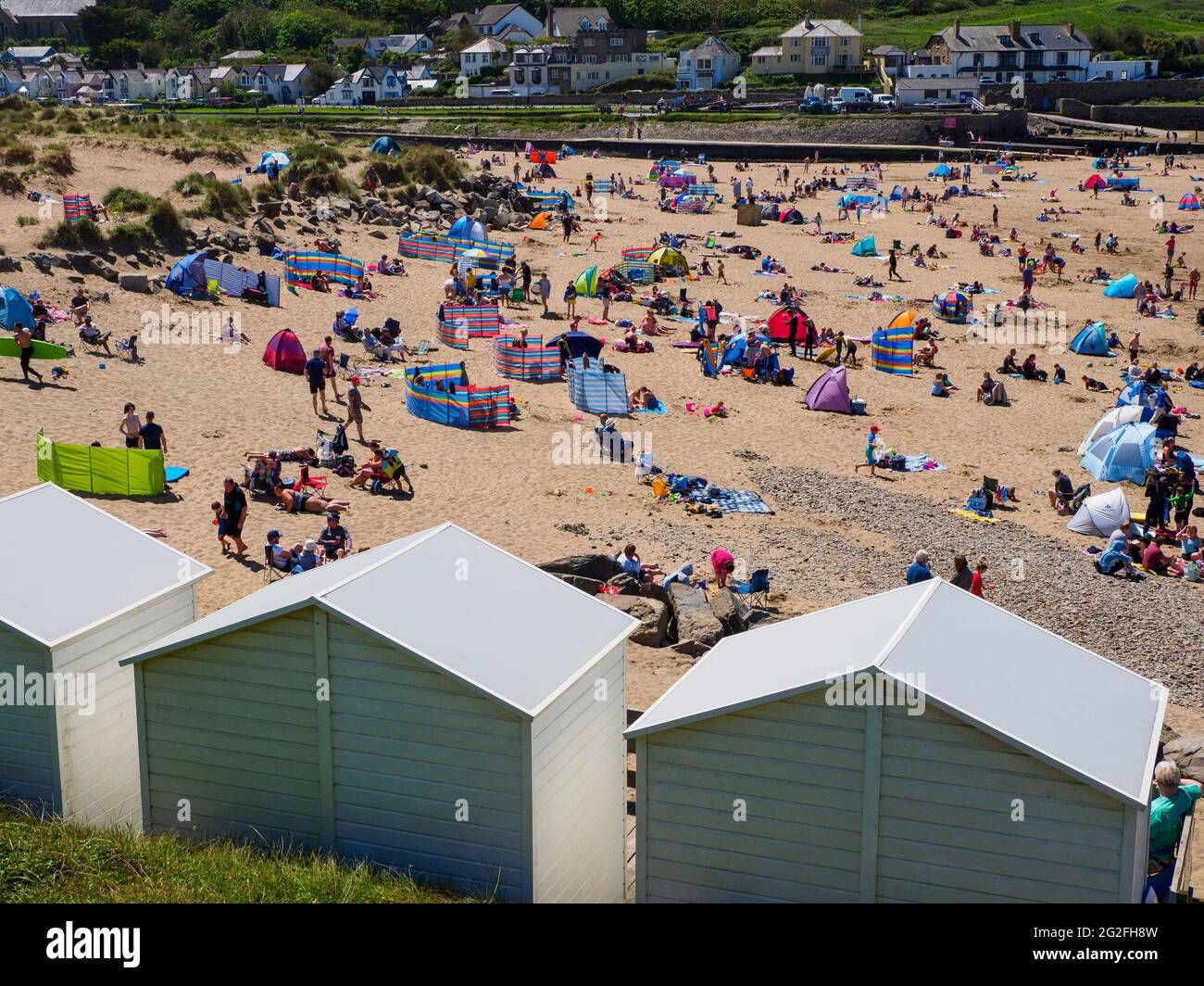 Lots of people on Summerleaze beach during the holidays, Bude, Cornwall, UK Stock Photo