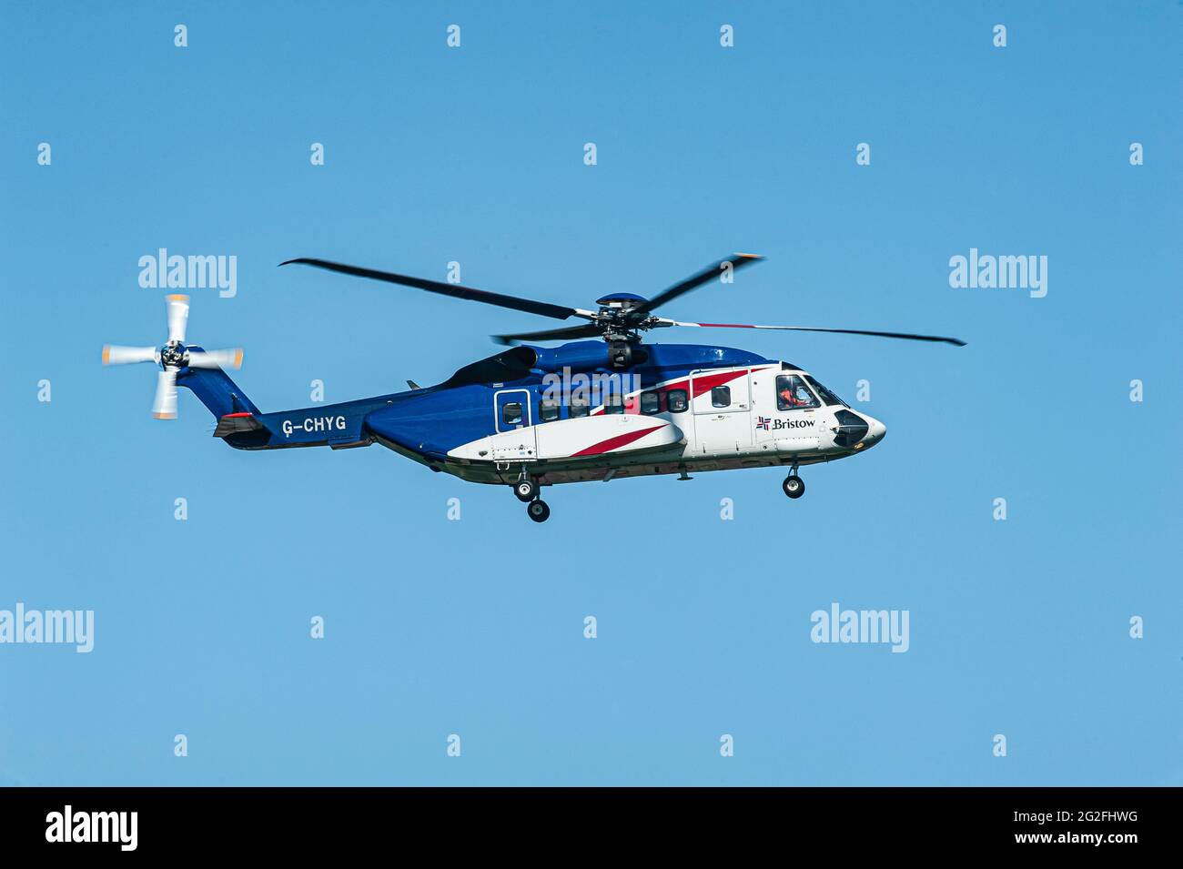 Some of of Bristows fleet of 300 Sikorsky Twin engined S92A helicopter based at Dyce Aberdeen and working over the Noth Sea Oil industry. Stock Photo