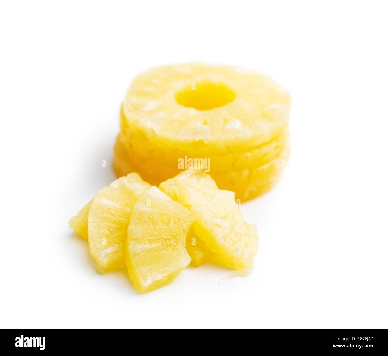 Canned sliced pineapple fruit isolated on white background. Stock Photo