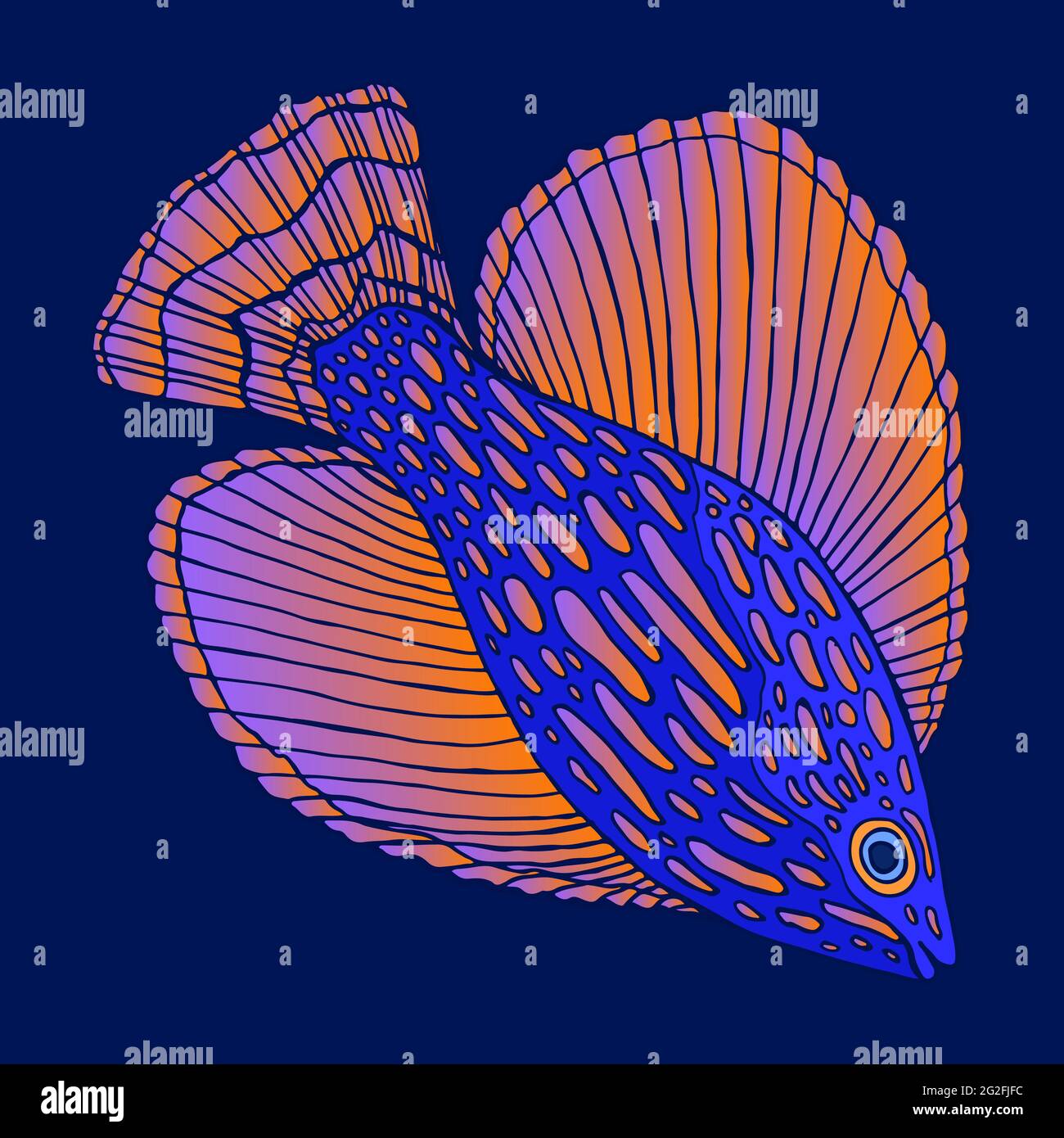 Decorative colorful fish sea animal with bright fins orange magenta gradient color, isolated on dark blue background. Stock Vector