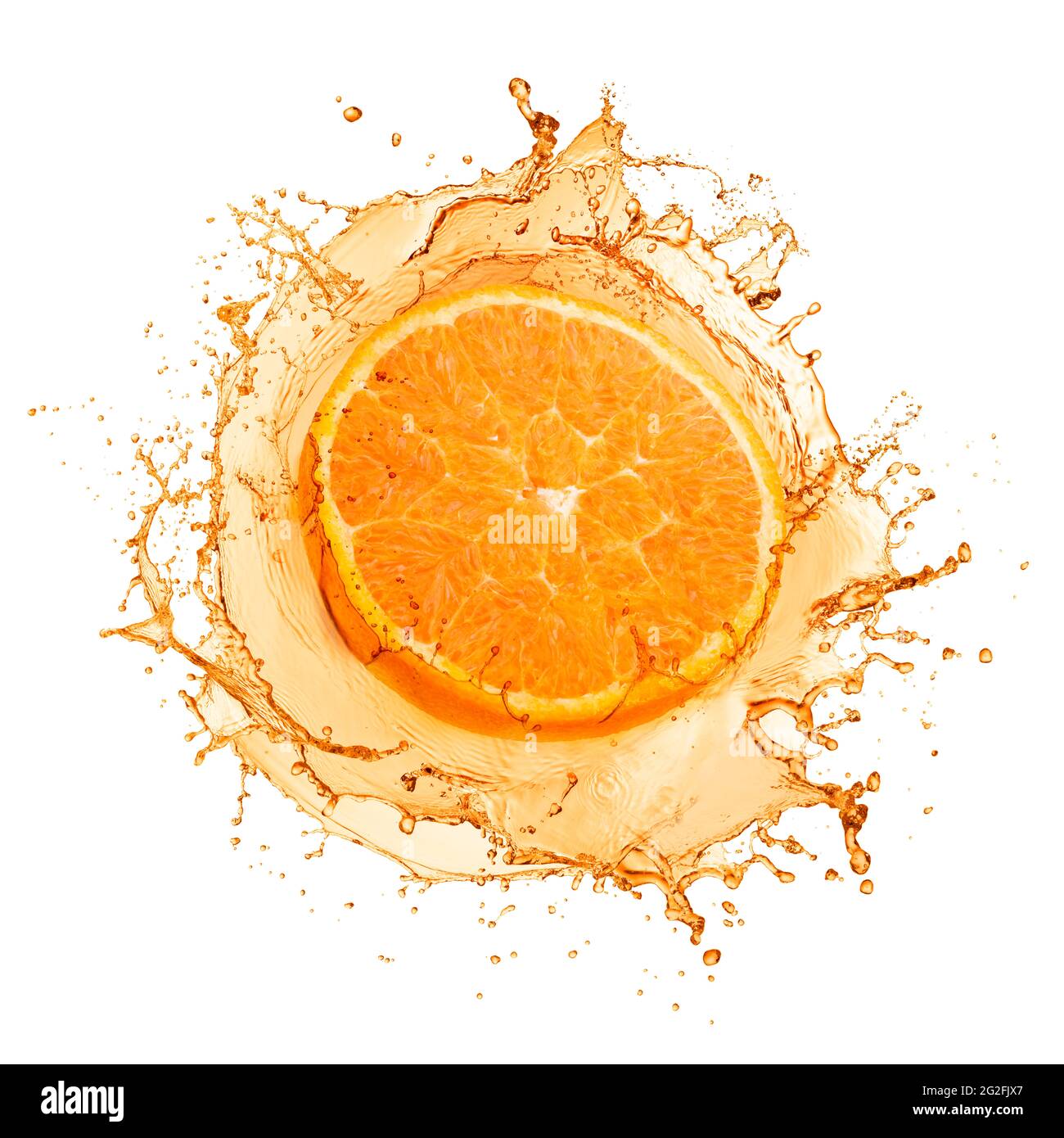 Splashing orange juice with orange fruit, isolated on white Stock Photo