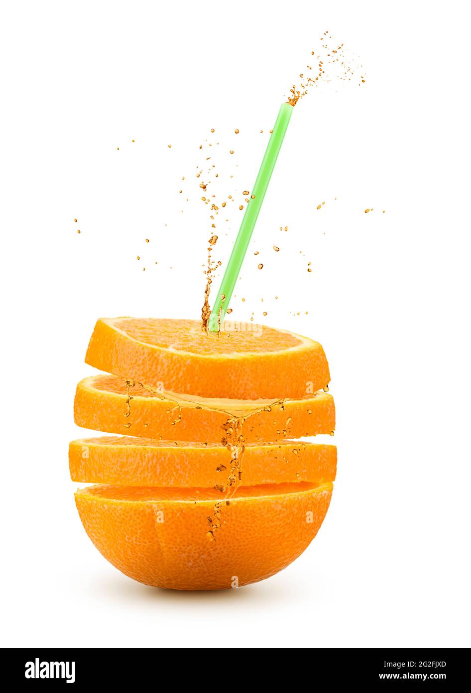 Orange fruit sliced with drinking staw on white background Stock Photo