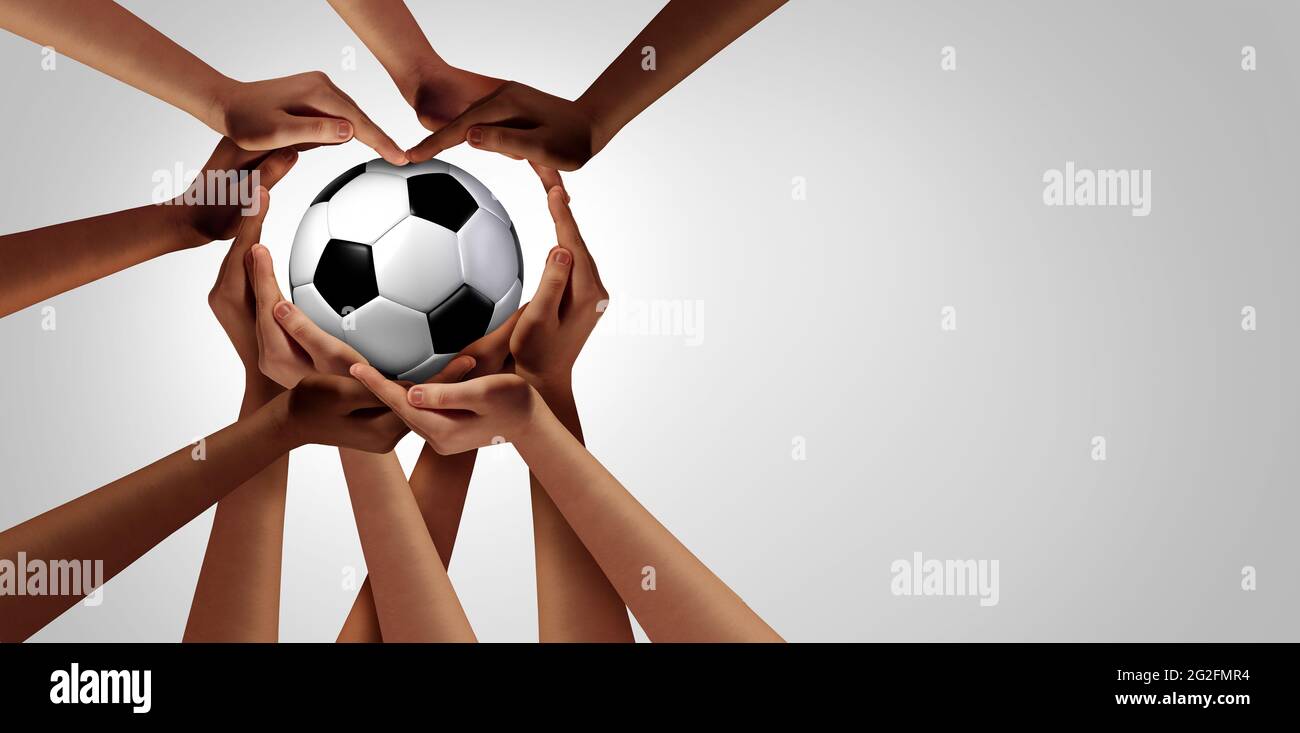 Soccer Unity and diversity sport partnership as heart hands in a group