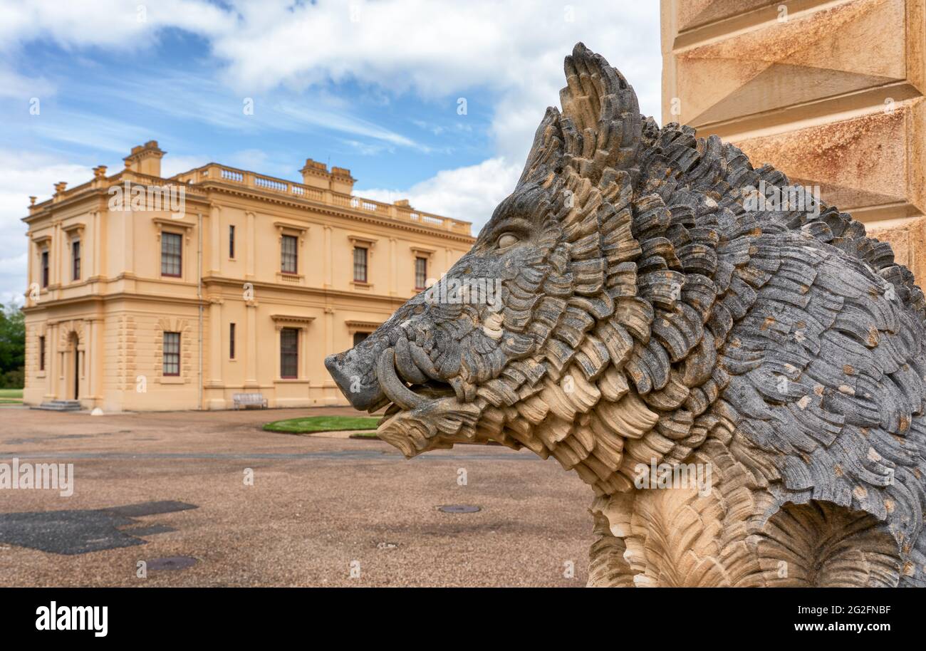 Wild boar sculpture at the entrance to Osborne House favoured retreat of Queen Victoria on the Isle of Wight UK Stock Photo