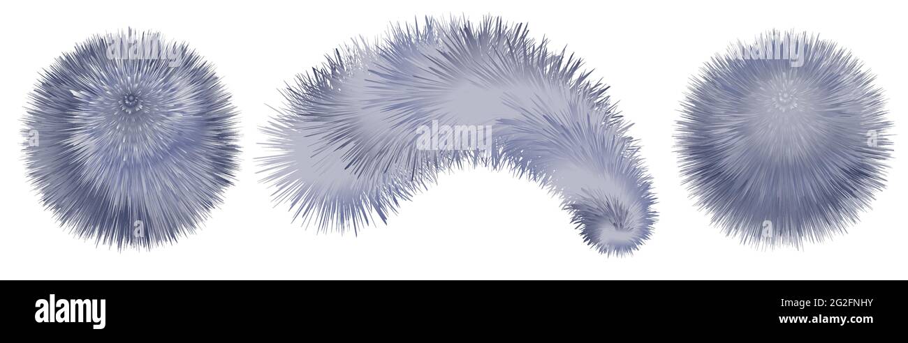 Fur pompoms and balls isolated. Furry realistic shaggy texture. Smoke blue and gray colorful pompons on white background. Vector illustration Stock Vector