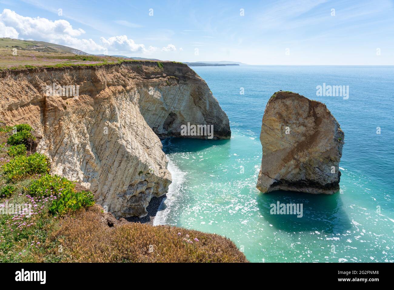 View from Freshwater Bay along chalk cliffs and the south coast of the Isle of Wight Hampshire UK Stock Photo