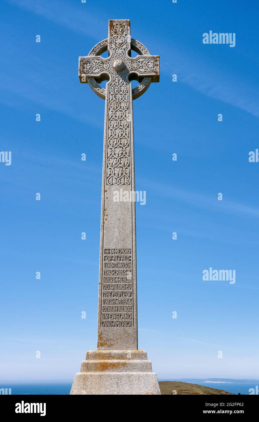 Tennyson Monument - a simple but imposing granite Celtic cross on Tennyson Down high above the south coast of the Isle of Wight UK Stock Photo