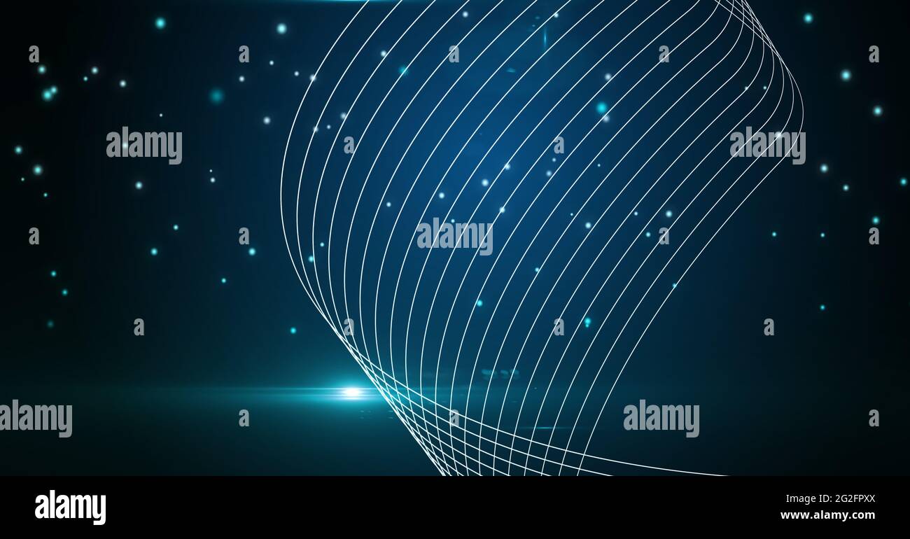 Composition of white light trails spiraling on glowing spots over blue