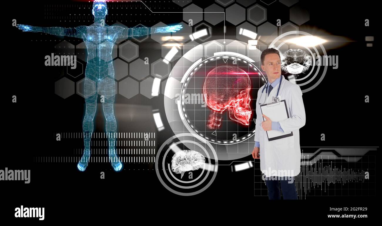 Composition of male doctor over virtual screen with medical icons Stock ...