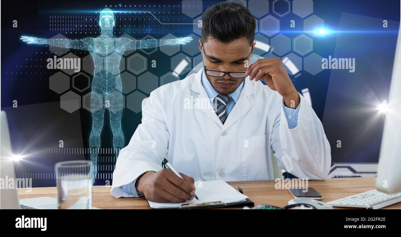 Composition of male doctor over screen with medical data processing ...