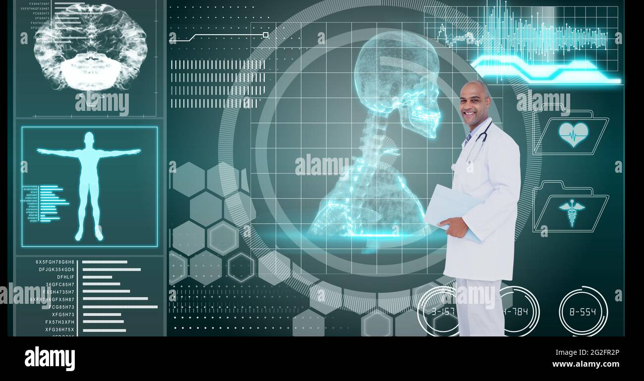 Composition of male doctor over virtual screen with medical icons Stock ...