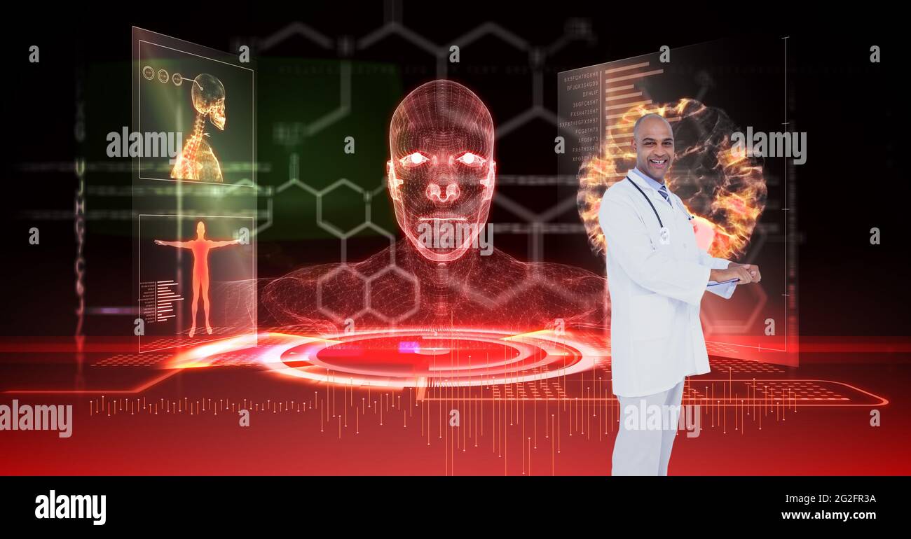 Composition of male doctor over virtual screen with medical icons Stock ...