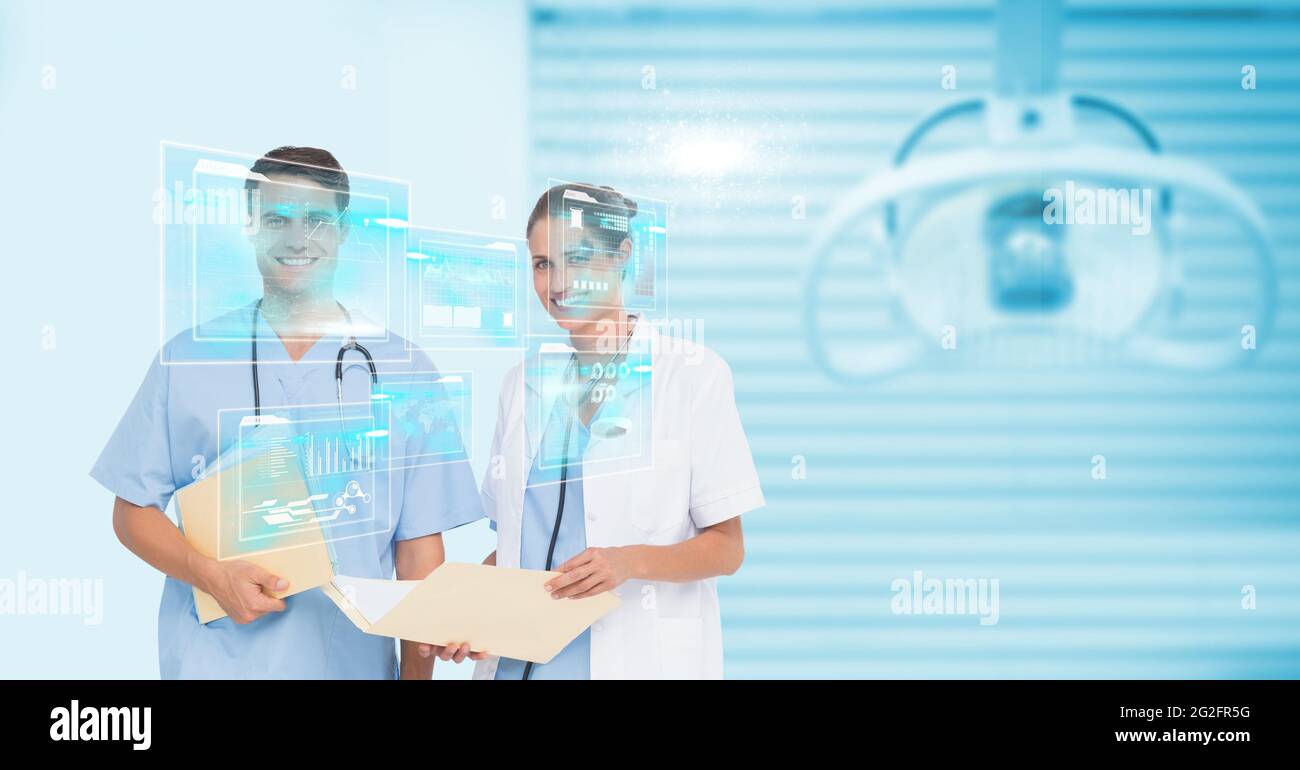 Composition of screen with medical data and icons over smiling male and ...