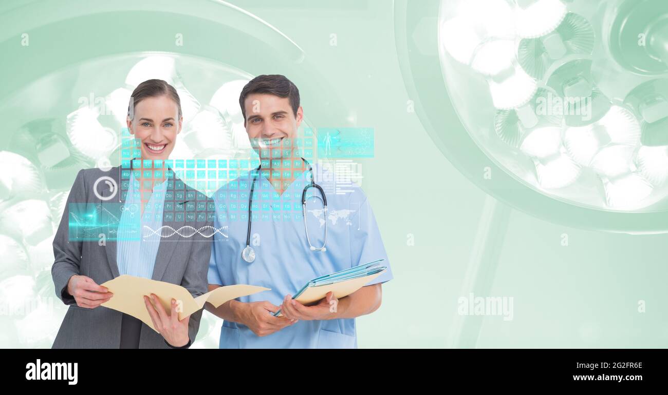 Composition of screen with medical data and icons over smiling male and ...