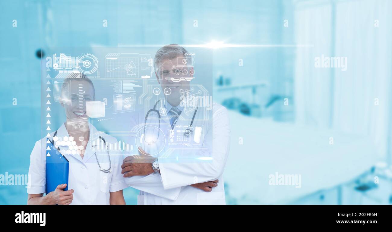 Composition of screen with medical data and icons over smiling male and ...