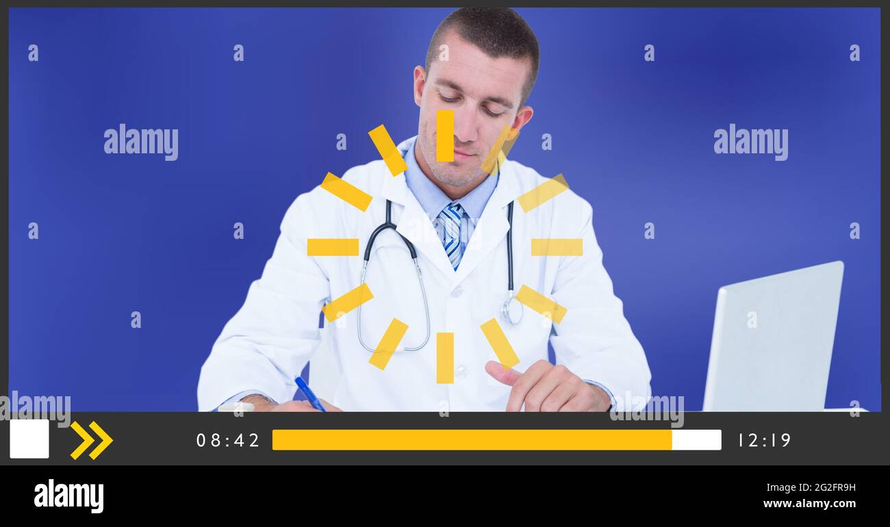 Composition of male doctor taking notes on video playback interface ...