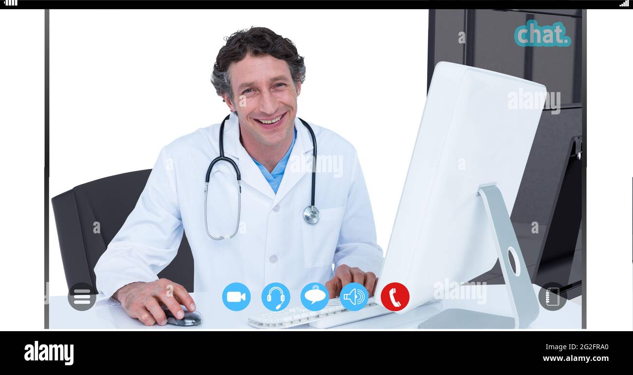 Doctor Computer Client Image Composition of male doctor using computer on video call interface ...