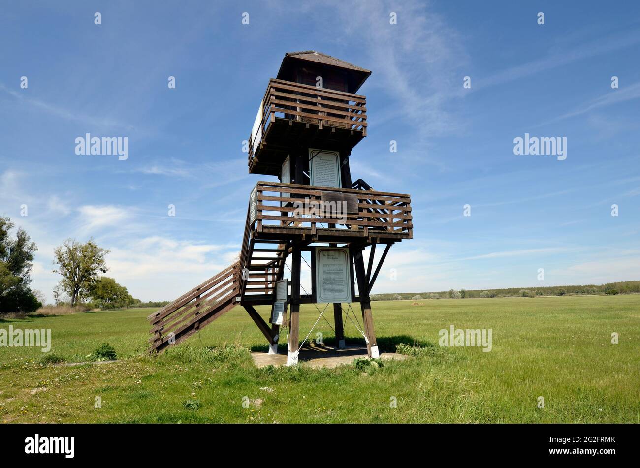 Andau, Austria - May 04, 2021: Lookout tower at the border crossing point named - Iron Curtain - along the Austro-Hungarian border in Burgenland where Stock Photo