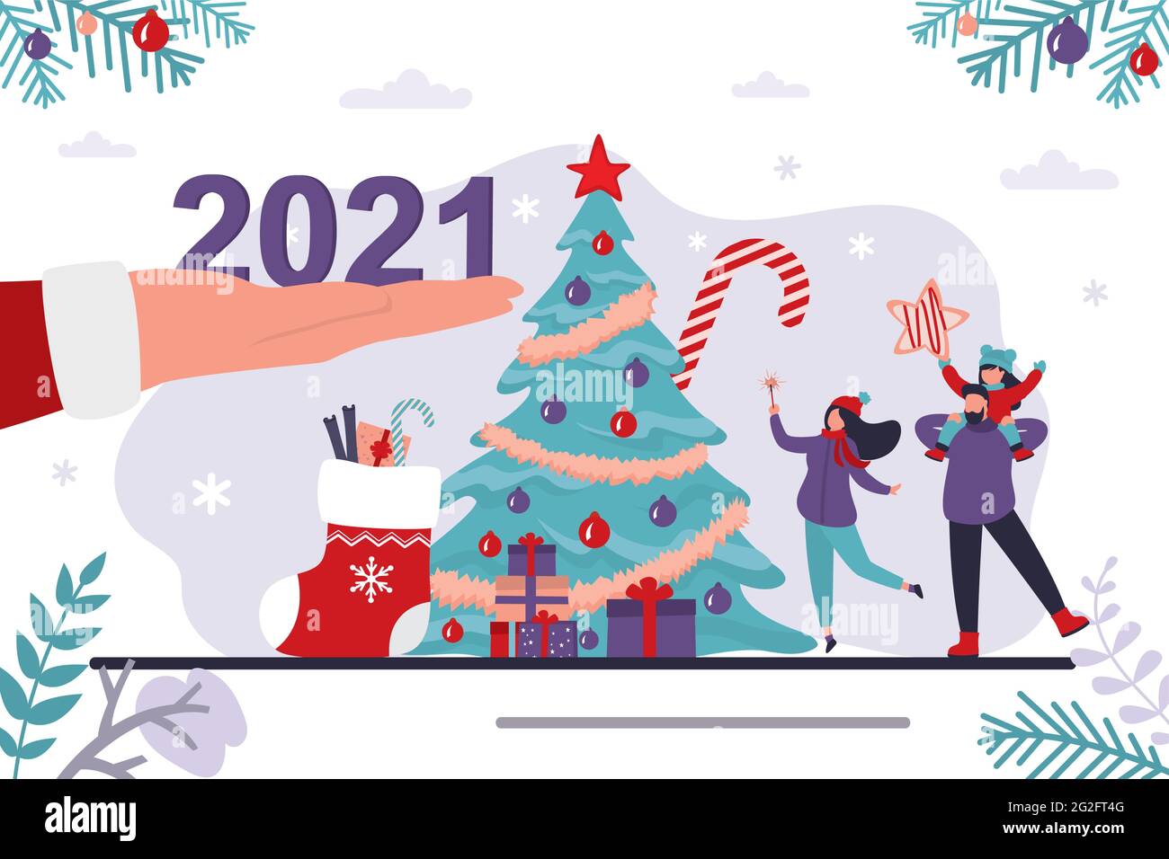 Santa Claus hand gives 2021 year numbers. Happy family near traditional xmas tree, christmas celebration. New year, winter holidays, horizontal banner Stock Vector
