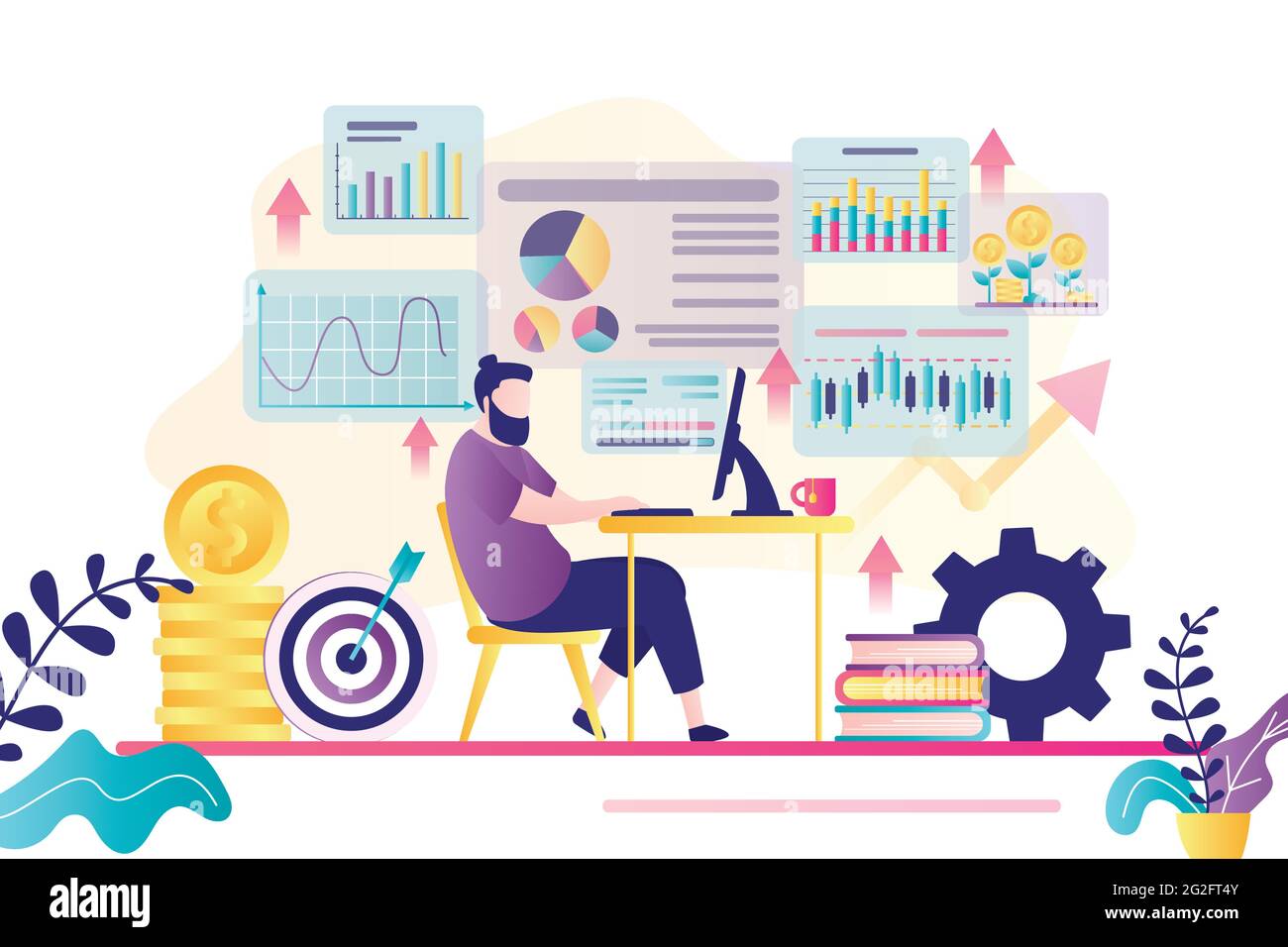 Financial data analysis, information processing, graphing. Male analyst works at computer, modern workplace. Various graphs, diagrams and signs. Onlin Stock Vector