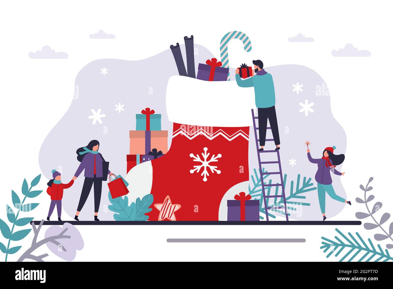 Happy family, preparation for winter holidays. Xmas eve. Male character puts gifts in big red sock. Concept of christmas gifts and new year celebratio Stock Vector