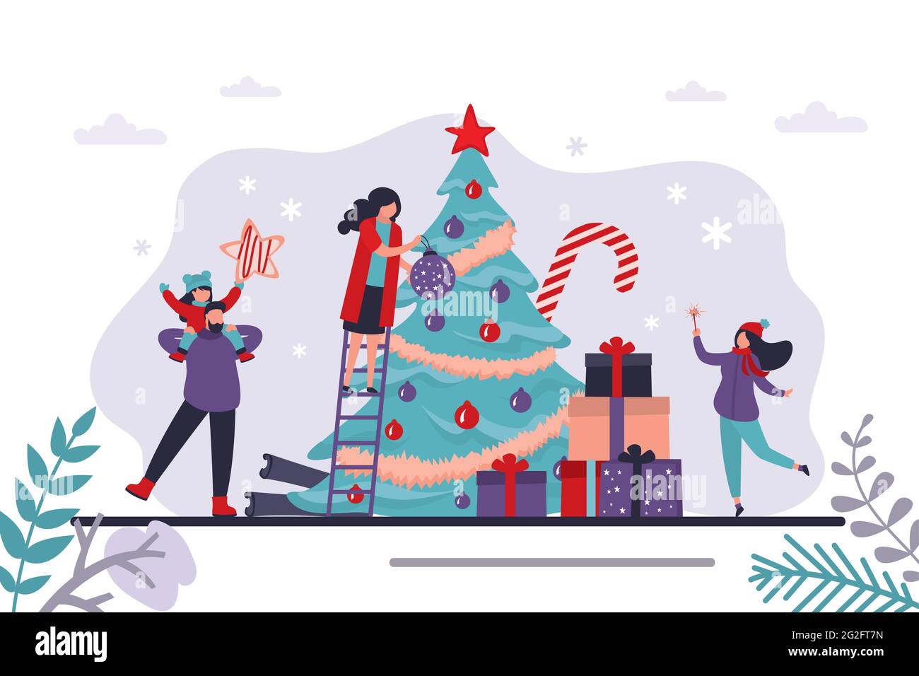 Happy family, preparation for winter holidays. Xmas eve, horizontal banner. Woman decorates traditional tree with toys. Concept of christmas gifts and Stock Vector