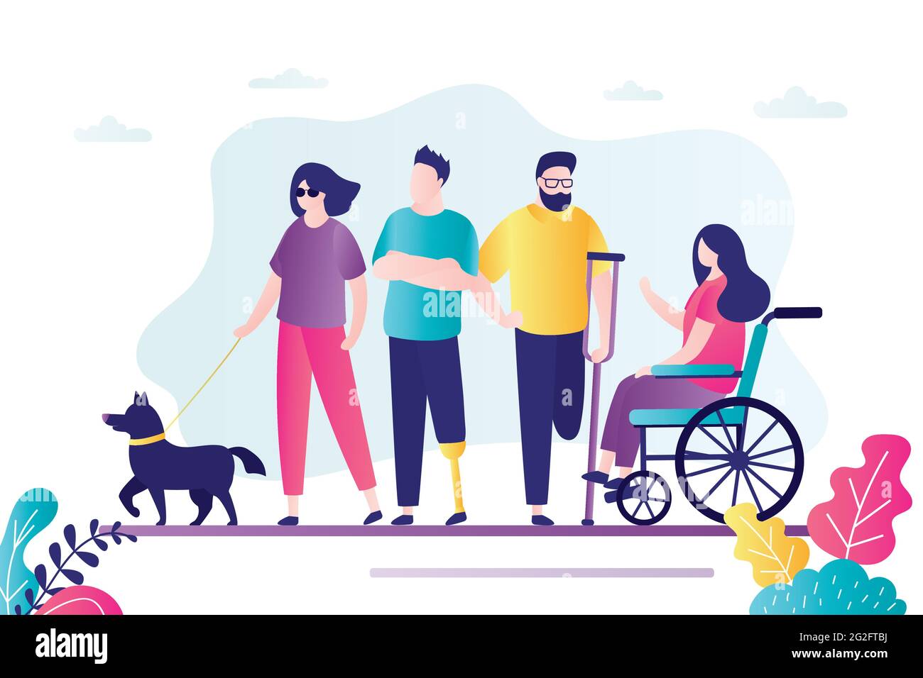 Group of different persons with disabilities. Female character sitting in wheelchair.  Various disabled people set. Blind woman with dog escort. Hands Stock Vector