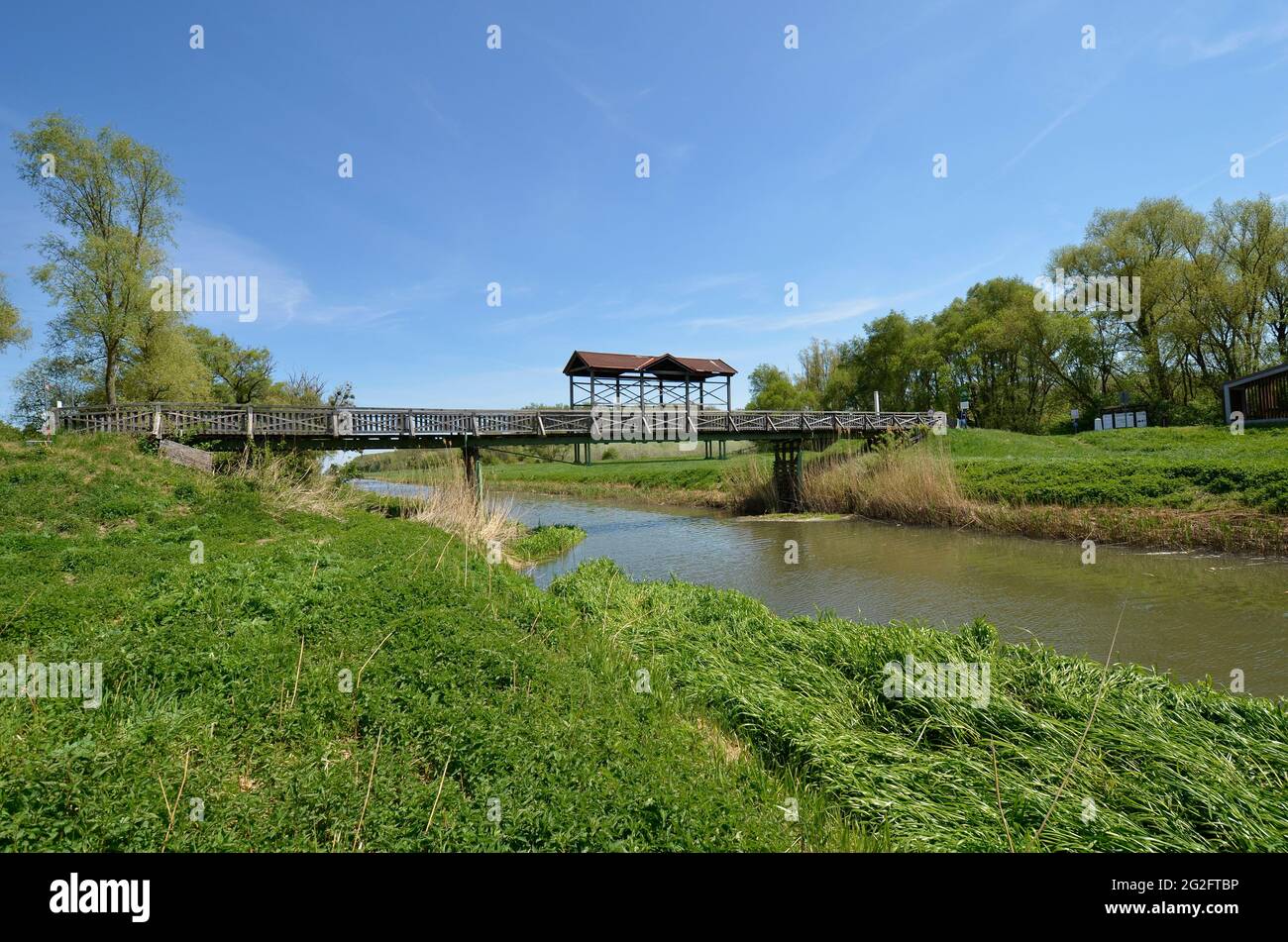 Austria, the rebuilt historical bridge of Andau - destroyed by Soviets - where the refugees from Hungary fled to Austria in 1956 from the Hungarian re Stock Photo