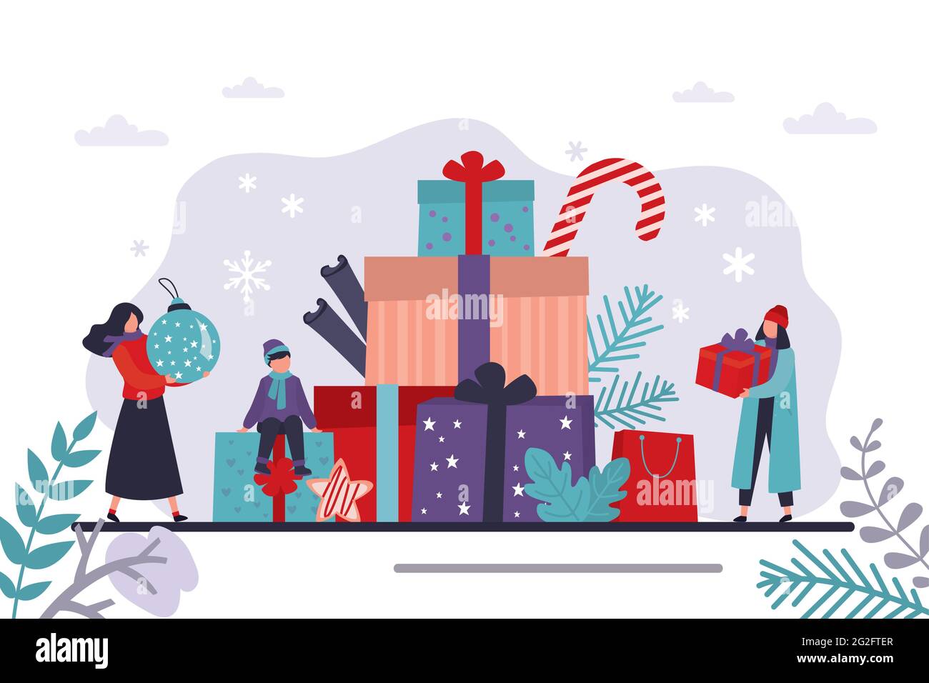 Happy women holds presents and toys, preparation for winter holidays. Xmas eve. Boxing day. Big stack of christmas gifts. New year celebration, horizo Stock Vector