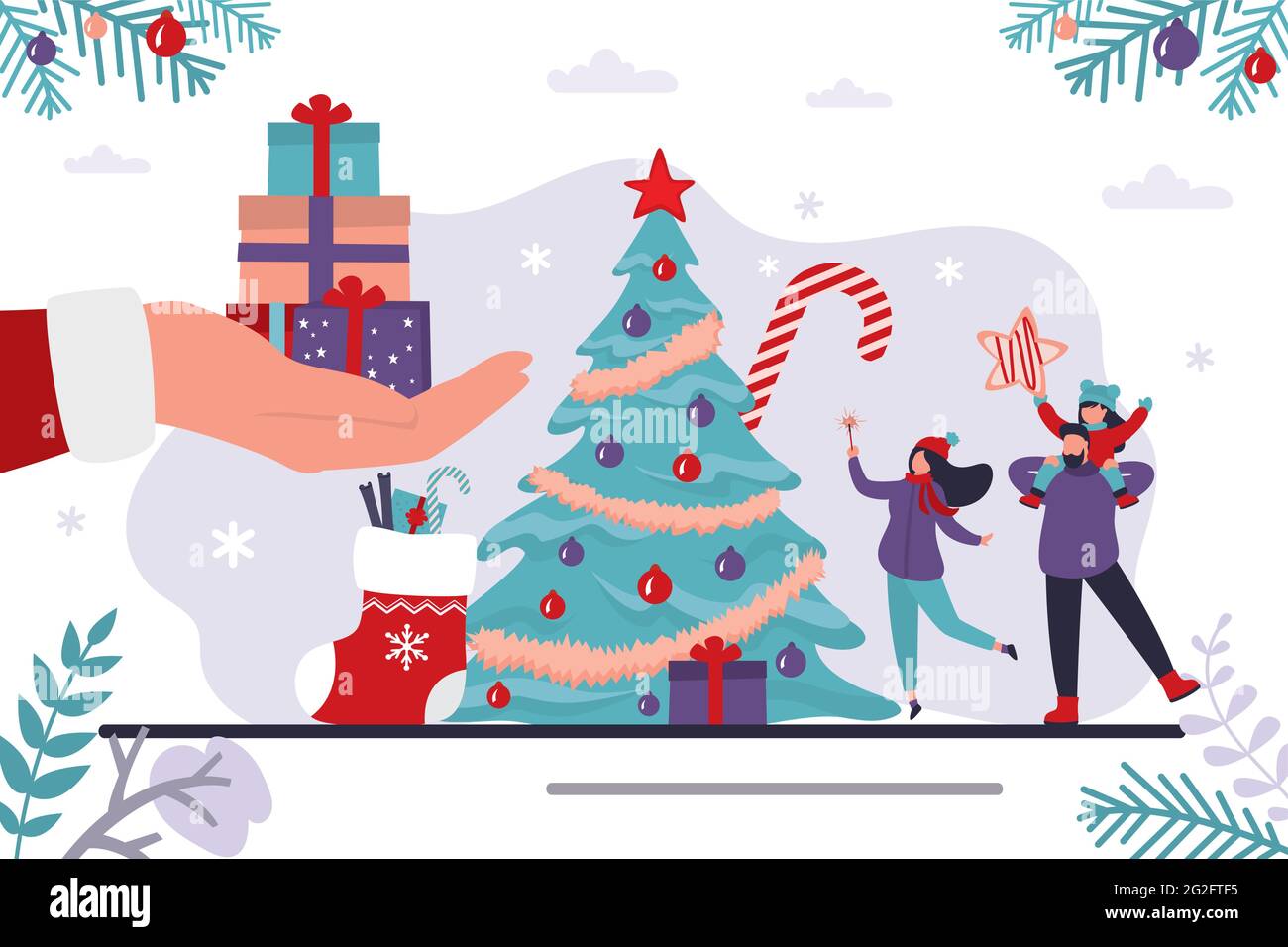 Santa Claus hand gives gifts. Happy family near traditional xmas tree, christmas celebration. New year, winter holidays, horizontal banner. Boxing day Stock Vector