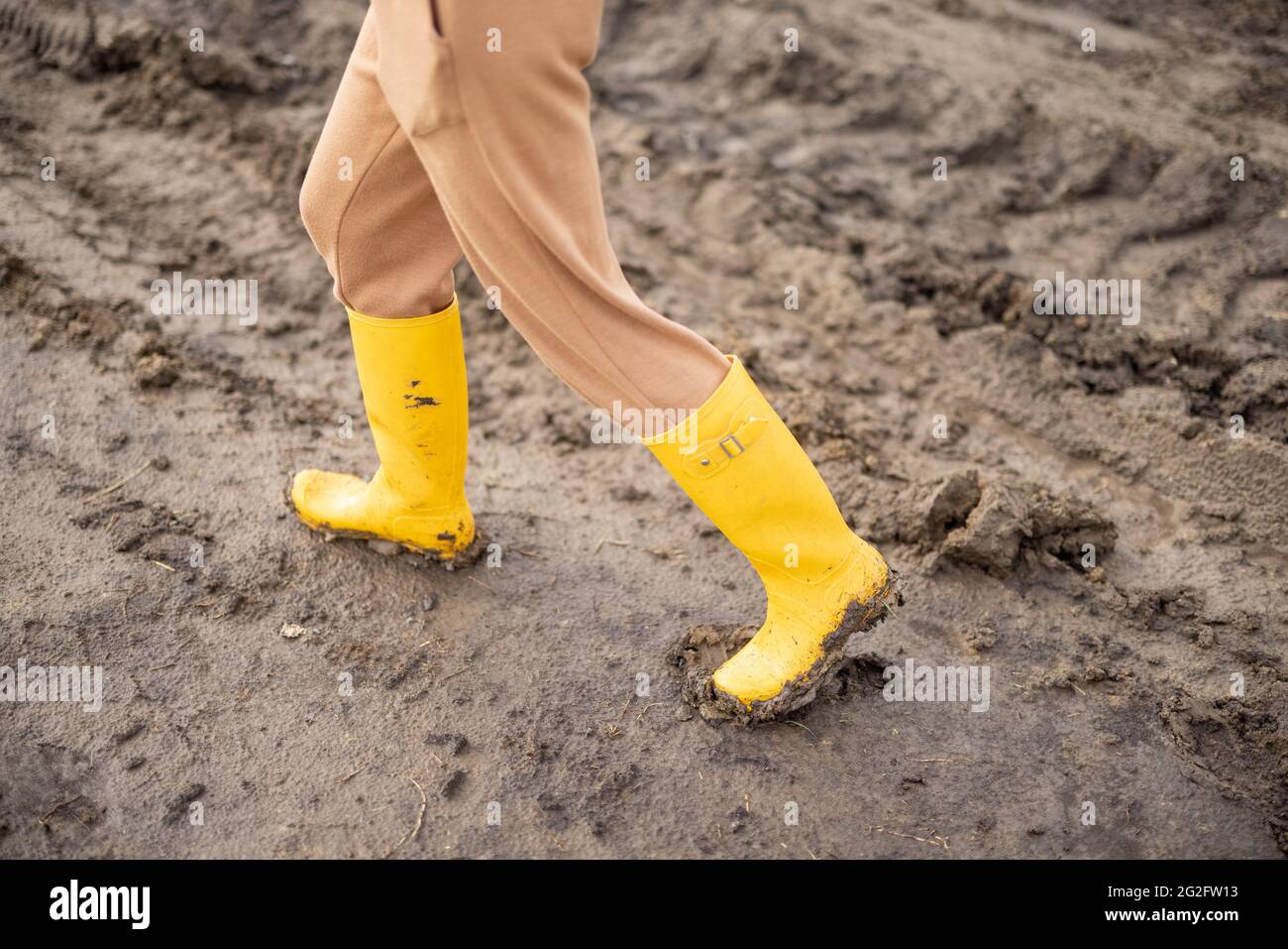 Legs of female farmer in yellow rubber boots walking through cultivated agricultural field after the rain.  Stock Photo