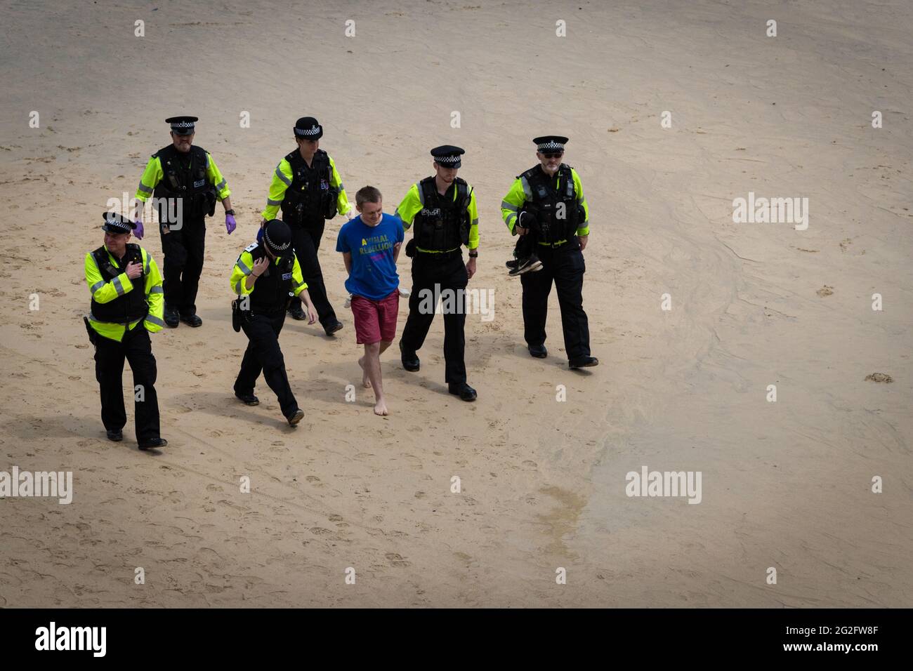 St Ives, UK. 11th June, 2021. A man is detained by police during a XR protest. Extinction Rebellion organised the demonstration to coincide with the G7-Summit. The event sees world leaders come together to discuss matters around climate change. Credit: Andy Barton/Alamy Live News Stock Photo