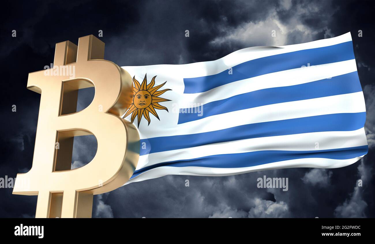 Gold bitcoin cryptocurrency with a waving Uruguay flag. 3D Rendering Stock  Photo - Alamy