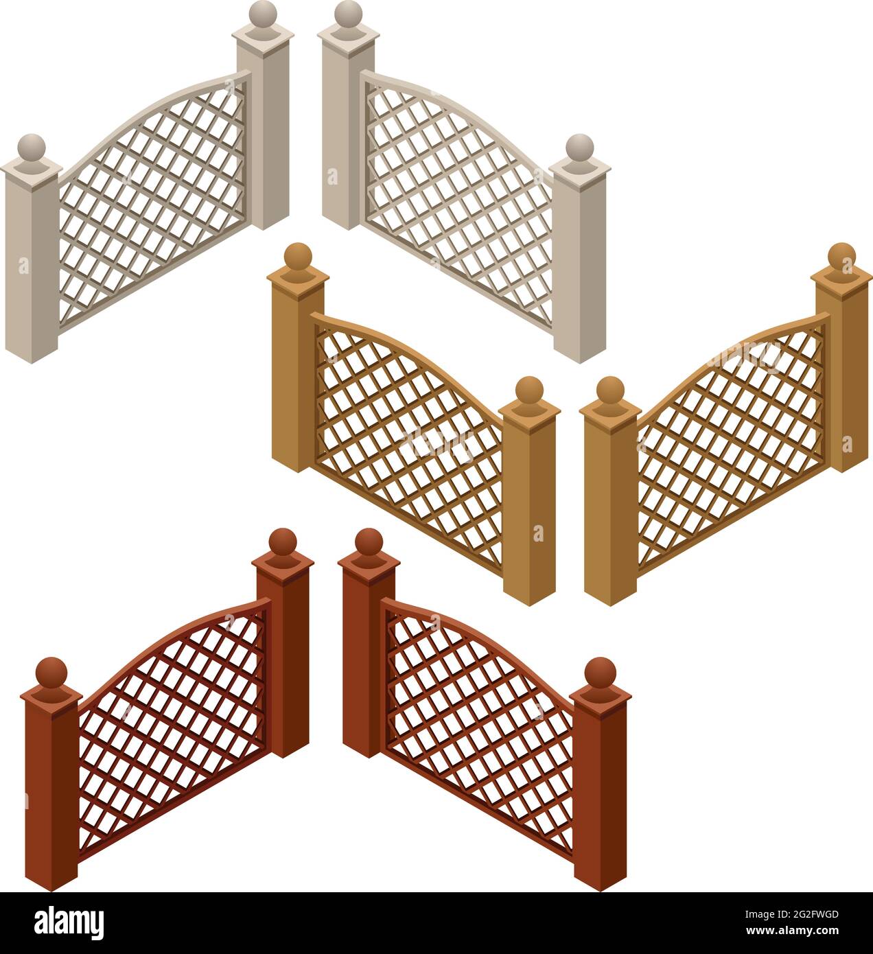 Set of farm or garden fences isolated on white background. Isometric view, can be used as scene elements for game or cartoon asset. Vector illustratio Stock Vector