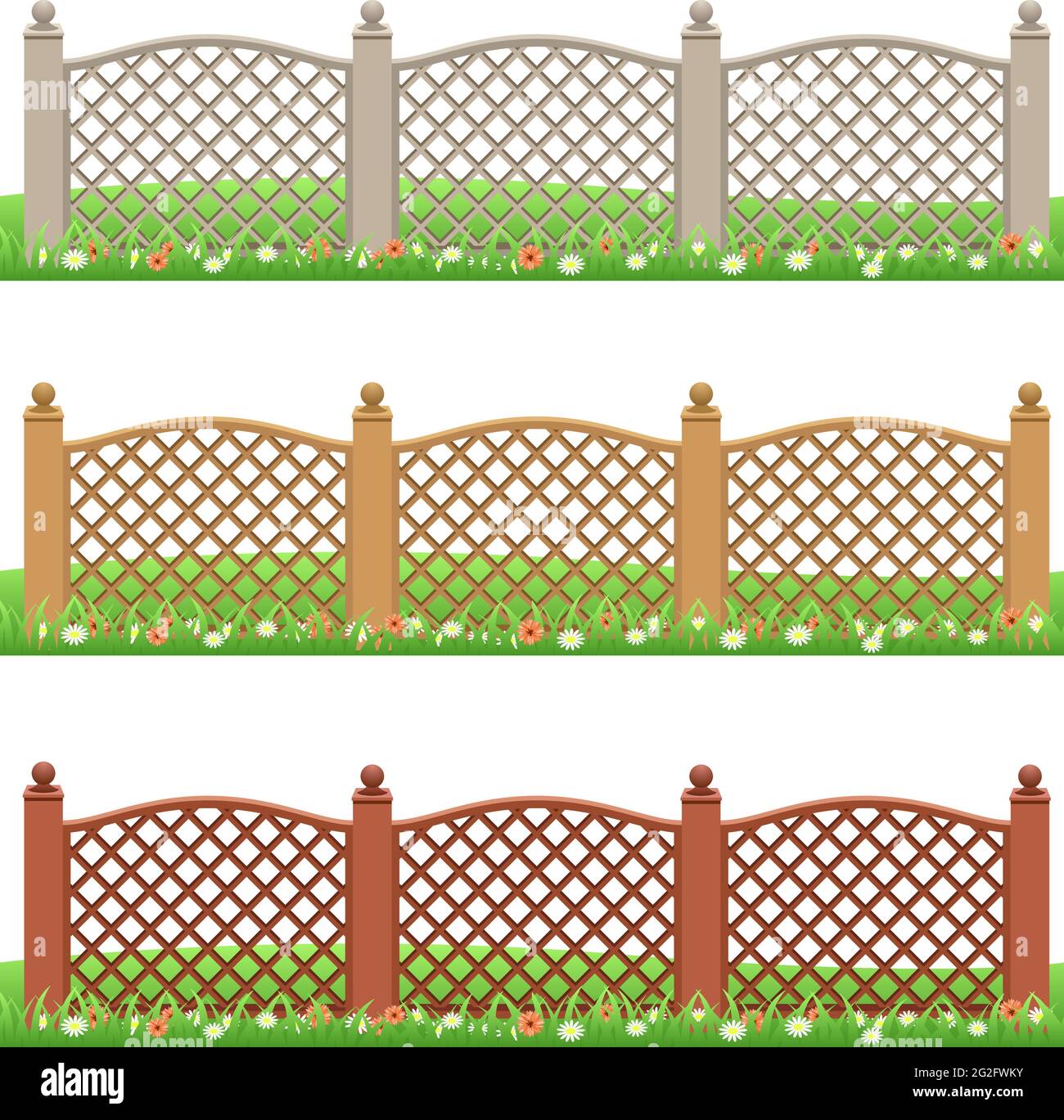 Set of farm or garden fences isolated on white background with grass and flowers. Front view, can be used as scene elements for game or cartoon asset. Stock Vector
