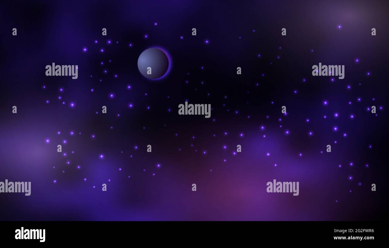 Cosmos background with galaxy, space, nebula, shining stars and planet. Dark blue and purple decorative abstract design for wallpapers. Vector illust Stock Vector