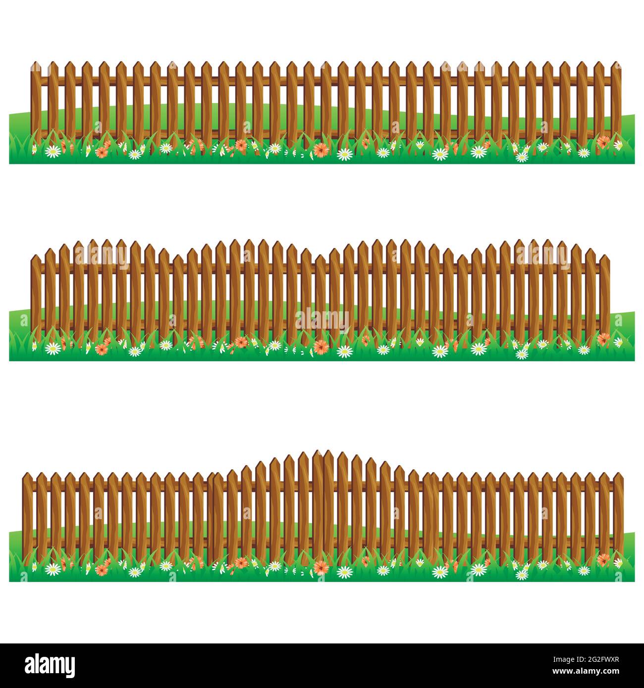 Set of farm wooden fences isolated on white background with grass and flowers.Fits as scene elements for cartoon or game asset. Vector illustration. Stock Vector