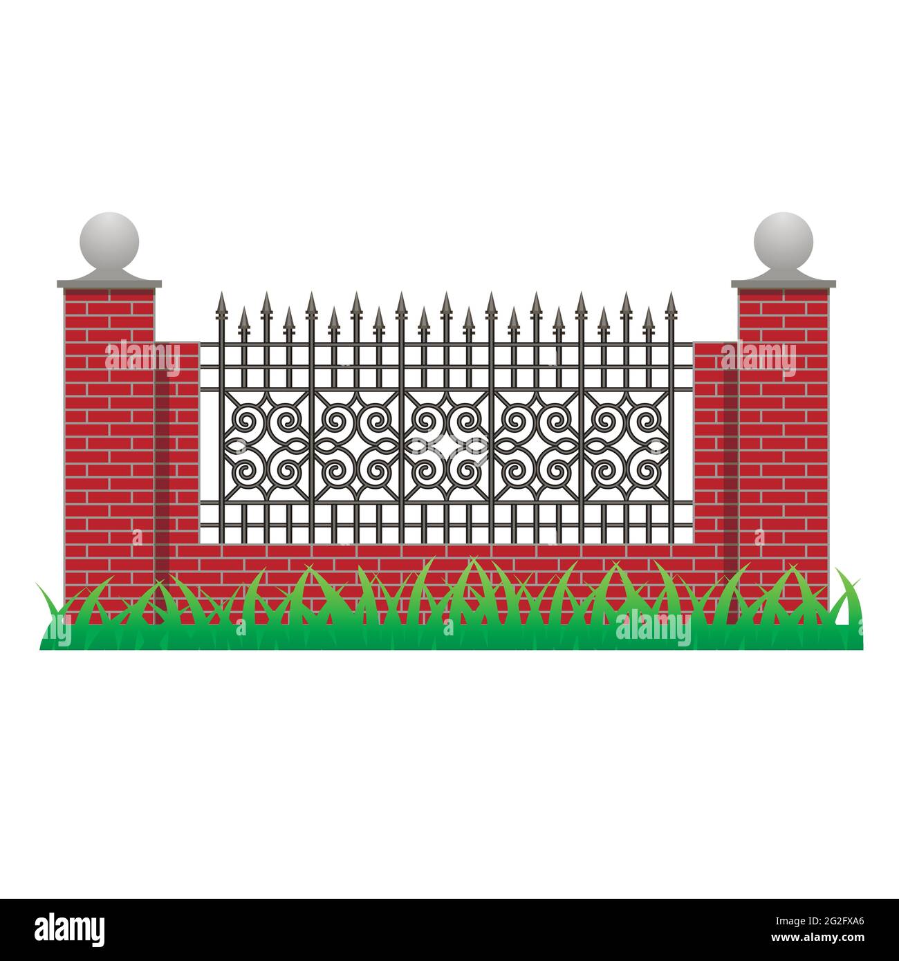 Brick fence with pillars and decorative grille. Element to use in manor, house or garden fence. Isolated object on white background. Vector illustrati Stock Vector